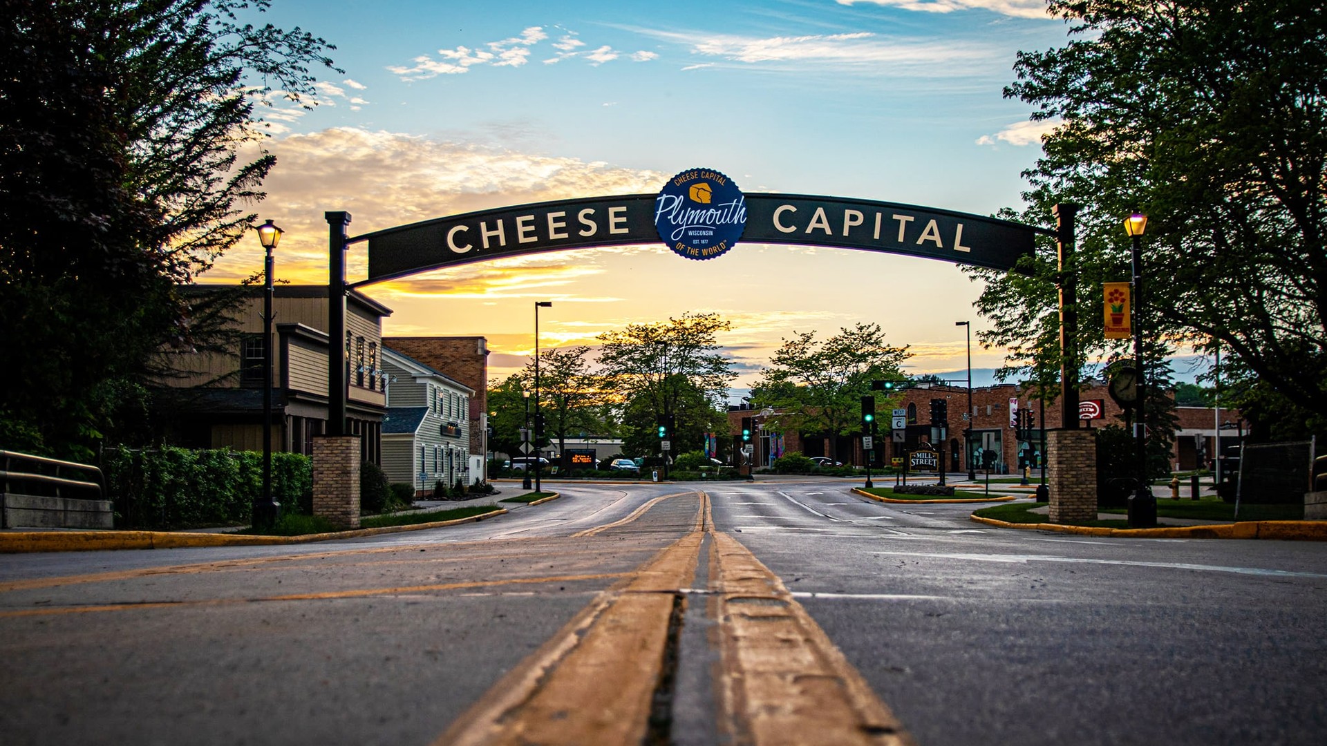 Downtown Plymouth Wisconsin Main Street with historic buildings and local businesses
