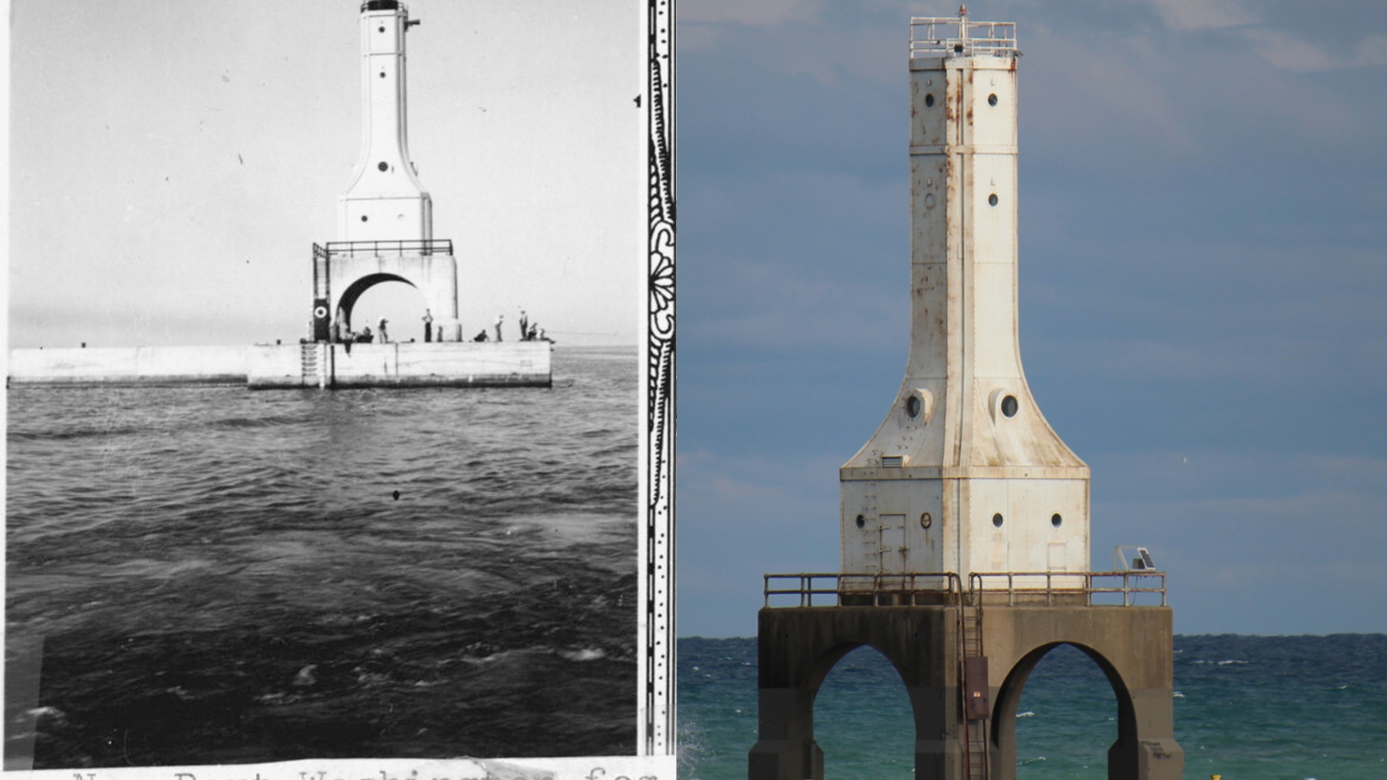 Port Washington lighthouse and Lake Michigan waterfront with marina